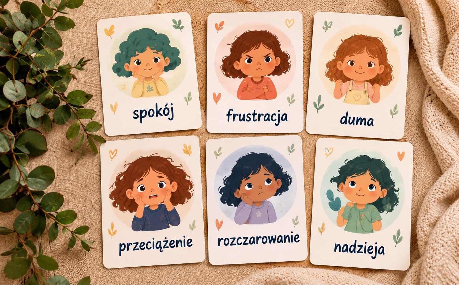 Sześć kart opisujących różne emocje i stany, rozłożonych na kocu.